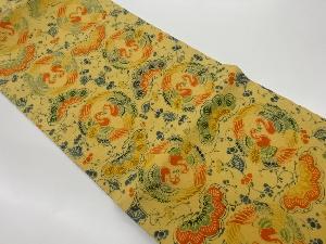 縮緬地型染松に向かい鳥・花唐草模様名古屋帯